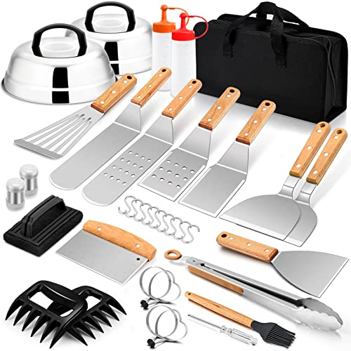 Joyfair 35-teiliges Grill-Zubehör-Set, Edelstahl-Flachgrill-Zubehör-Set mit Schmelzkuppeln, professionelle Metallwender für Outdoor-Grill, Teppanyaki, Camping, Kochen (Holzgriffe)