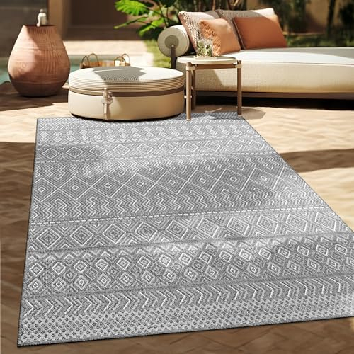 Paco Home Outdoor Teppich Flachgewebe Modern Boho-Style wetterfest & UV-beständig Ideal für Terrasse Balkon Wohnzimmer & Küche, Grösse:80x250 cm, Farbe:Grau 3