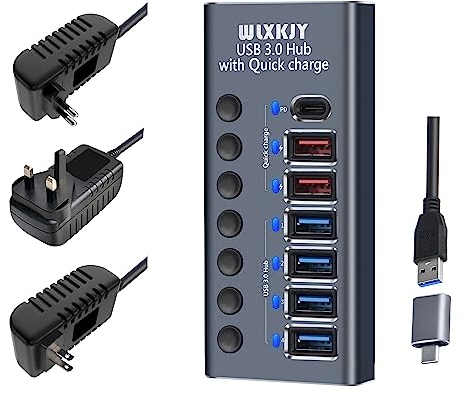 Premium Aluminium USB 3.0 Hub - WLXKJY 7-in-1 Hub mit 36W (12V/3A) Stromversorgung, 4X USB 3.0 High-Speed Ports und 3X Ladeanschlüssen inklusive PD Schnellladefunktion