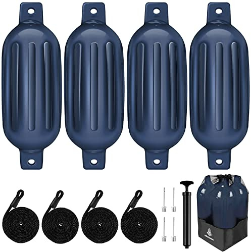 Dreizack Boat Fenders 4 Pack 6.5x23, Boat Bumpers for Docking with 4 Ropes, Inflatable Ribbed Marine Pontoon Boat Fender Bumper for Docks with 1 Storage Bag, 1 Air Pump and 4 Needles, Blue