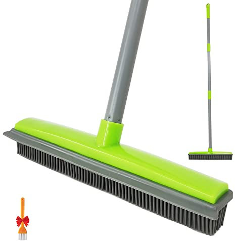 IZSOHHOME Push Broom Pet Hair Removal Broom with Squeegee,Soft Silicone Bristle Broom with Long Handle, Non Scratch Carpet Sweeper Brush for Cat/Dog Hair Hardwood Tile Windows(Green)