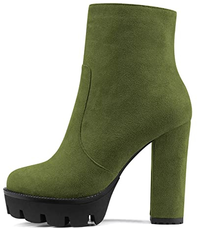 NobleOnly Donna Chunky Blocco Alto High Piattaforma Tacco Heel Rotonda Punta Stivaletti Cerniera Feste Classico Stivali Verde Scuro 40 EU