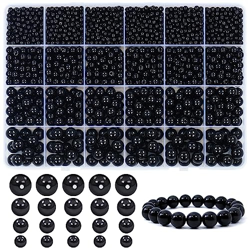 Dotilili 1890 Stück Schwarz Bastelperlen 4/6/8/10mm Perlen mit Loch, Runde Perlen zum Auffädeln Kunstperlen Set für Armbänder Halskette Schmuckherstellung Augen für Puppen DIY Machen Handwerk Dekor