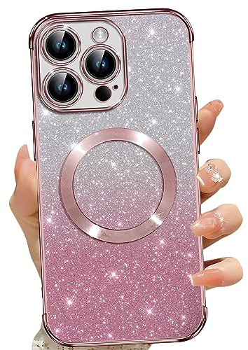 Phoona Cover Magnetica per iPhone 13 Pro Max, Glitter Custodia Compatibile con MagSafe, Anti Graffi, Non Ingiallente, Protezione Completa Case iPhone 13 Pro Max, con 2 Vetro Temperato, Rosa