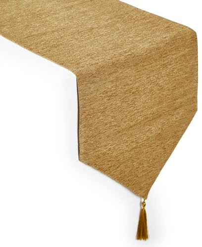 Encasa XO Tischläufer, Fein Chenille, Mit Quasten 13x59 Gold | Esstisch 4 seater | V-Ende mit Eleganten Quasten | Weiche Chenille Qualität | Maschinenwaschbar