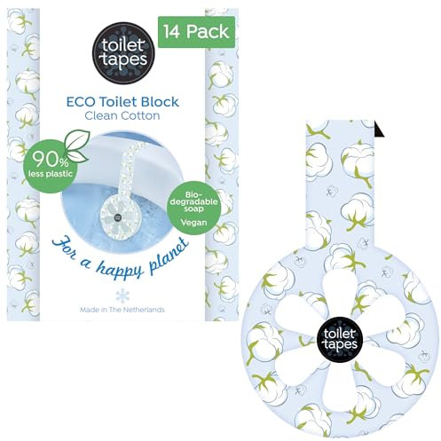 Toilet Tapes - Bloc WC Écologique - 90% Moins de Plastique - Nettoyant WC Parfum Clean Cotton - Désodorisant WC Adhésif, 220+ Chasses, Clean Cotton, 1 Unité (Lot de 14), Coton