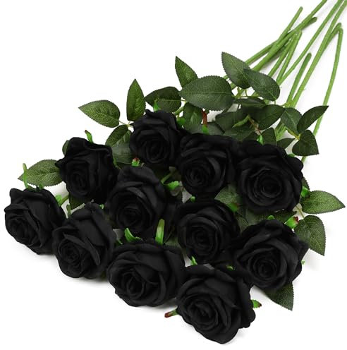 Tifuly Black Fake Roses Artificial Flowers - 10 Pcs Fake Artificial Black Roses Silk Flowers with Stems for Home Wedding Hotel Office Centerpiece Decor