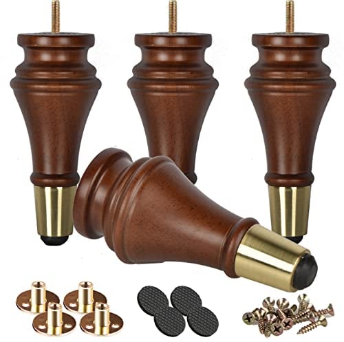Btowin 7 Inch / 18cm Solid Wood Furniture Legs, 4Pcs Walnut Mid-Century Modern Wooden with Cover Replacement Feet with Threaded M8 Hanger Bolts & Mounting Plate & Screws for Sofa Couch Cabinet