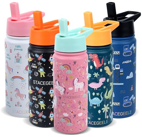 STACEGEELE Kids Stainless Steel Water Bottle with Straw Kids Insulated Water Thermos for School Kids Metal Water Bottles for Boys Girls Double Wall Vacuum Leak Proof BPA Free 18oz 550ml Rainbow Horse