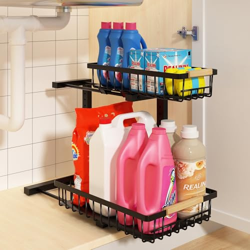 REALINN Unterspüle-Organizer, höhenverstellbar, Organizer und Aufbewahrung, 2 Ebenen, ausziehbarer Schubladenschrank, Organizer für Küche, Bad, 1 Stück