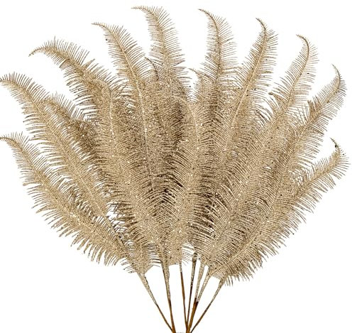 Oairse 8 plettri e spray per albero di Natale, champagne, glitter, 71,1 cm, piume glitterate, foglie, steli per albero di Natale, rami, ghirlande, centrotavola, decorazioni per le vacanze