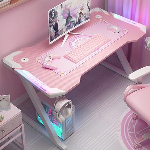 Gaming-Schreibtisch mit LED-Leuchten, Z-Förmiger Gaming-Tisch für PC-Gamer, Gaming Desk-Arbeitsplatz mit Fernbedienung, Kopfhörerhaken, Getränkehalter, Griffablage, Pink