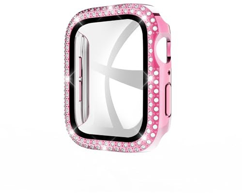 GANGANPRO Coque 2 en 1 en polycarbonate rigide avec protecteur d'écran en verre trempé pour Apple Watch 4/5/6/SE, coque de montre intelligente à paillettes pour iWatch de 40 mm, accessoires – Rose