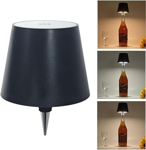 Wireless Bottle Lamp - 3 Color Stepless Dimming Bottle Table Lamp,Rechargeable Wireless Wine Bottle Lights, Touch LED Wine Bottle Lamp with for Home,Bar,Camping,Travel (Black)