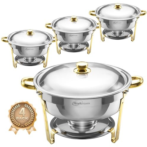 Chafing Dishes for Buffet 4 Pack, 6QT Round Chafing Dishes for Buffet [Elegant Gold and Silver Colors] Stainless Steel Chafing Dish Buffet Set for Any Party