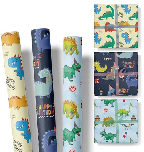 Geschenkpapier Kinder – 3 Rollen im Set – Motive: Dinosaurier, Happy Birthday – Dino Geschenkpapier für Geschenke zum Geburtstag – Geschenkpapier Mädchen und Jungen – Rolle: 47 cm breit, 3 m lang