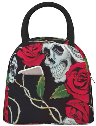 Bolsa de almuerzo térmica con estampado de ojos de calavera de rosa, bolsa de almuerzo portátil, bolsa de trabajo, adecuada para mujeres y hombres