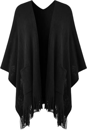 Ferand Damen Poncho mit Offener Vorderseite und Taschen, Weiche Strick Cape mit Fransen für Herbst Winter,Schwarz