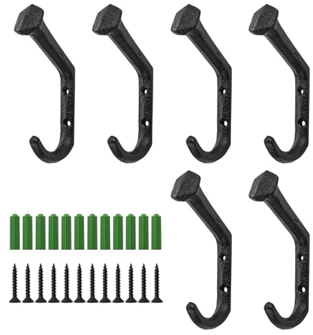 MrMrKura Kleiderhaken, Rucksackhaken, Wandhaken zum Aufhängen, strapazierfähig, rustikal, Gusseisen, schwarz, Haken für Kleidung, Hüte, Schlüssel, Handtücher, Geldbörsen (6)