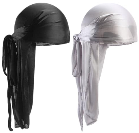 2 Stücke Seidig Durag Kappen Elastische Kappe Lang Schwanz Kopfwickel, Perfekt für Waves, Zöpfe und Locken | Premium Silk Du Rags für Männer und Frauen, Ultraweicher und knitterfreier Satin