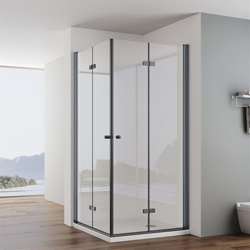 IMPTS Duschkabine Schwarz 80x80cm Eckeinstieg Falttür Doppel Drehfalttür Rahmenlos Faltdusche 180º Duschabtrennung Faltbar 6mm ESG Sicherheitsglas Höhe 185cm, INKL Dustasse & Ablauf