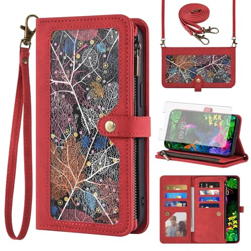Asuwish Handyhülle für LG G8s ThinQ Hülle mit Band Folie Schutzfolie Kartenfach Klappbar Leder Geldbörse Ständer G 8s LMG810 Handy Hüllen Schutzhülle Reißverschluss Schutzglas Cover Phone Case Rot