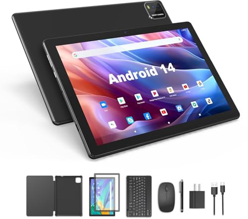 BAKEN 2025 Tablets 10 Inch Android 14 Tablets,6GB +64GB+ 1TB Expandable,1280 * 800 FHD, Quad-Core Tablet with 5G WiFi, 6000mAh Battery, 10 inch Tablet with 2MP + 8MP Camera, Keyboard, Pen, Mouse, Case
