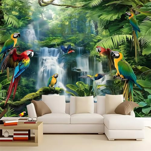 Fototapete Dschungeltiere Papageien Art Fototapete 300 x 210 cm Vlies Tapeten Moderne Wandtapete Wohnzimmer SchlafzimmerGrün