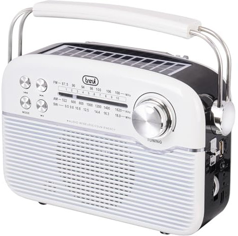 Trevi RA 7F50 BT Radio Portatile Wireless Multibanda FM AM SW con Lettore MP3, USB, Micro SD, Batteria al Litio Ricaricabile e Pannello Solare USB Type-C, Bianco