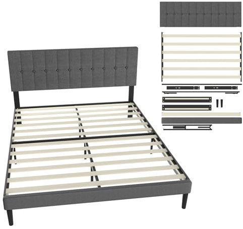 UISEBRT Polsterbett 160 x 200 cm – Bettrahmen mit Knöpfen, Plattformbettgestell mit gepolstertem Kopfteil aus Leinen, Holzlattenstütze, Doppelbett für Erwachsene, Modernes Design (Dunkelgrau)