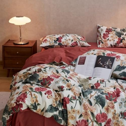 Freyamy Blumen Bettwäsche 220x240cm 3teilig Rot Bunt Floral Mädchen Bettwaren-Sets 100% Microfaser Vintage Blumenmuster Bettbezug mit Reißverschluss und 2 Kissenbezug 80x80cm