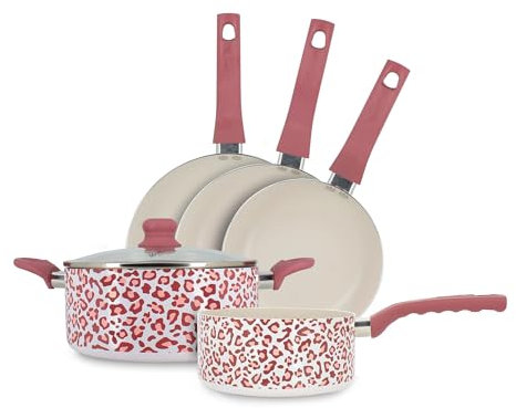 MENASTYL - Batterie de cuisine 5 pièces Léopard Rose 24cm tous feux dont induction - Revêtement antiadhésif - Aluminium recyclé - Poignée effet bois ergonomique - Motif Léopard - 6014232