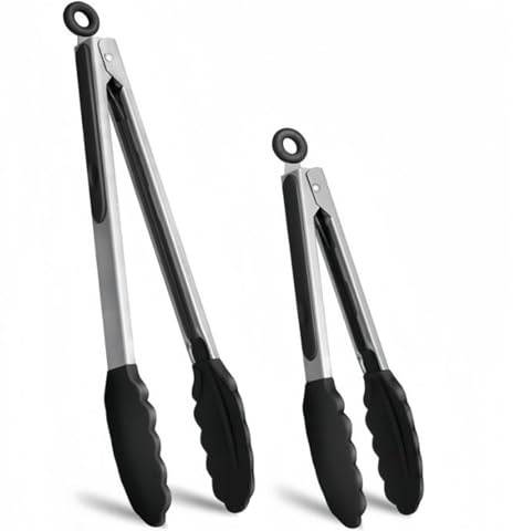 Stainless Steel Kitchen Tongs 2pcs - 9 and 12 Inch Silicone Tip Tongs with Locking Clip and Non-Slip Grip, Heat Resistant for Air Fryer, BBQ, Salad, Serving (Dual Size)
