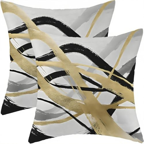 ViaElayu Kissenbezug 50x50 Schwarz Gold Herbst Kissen Boho Kissenbezüge Grau Weiß Zierkissenbezug Modern Abstrakte Kissenhüllen Samt Sofakissen Couchkissen Wohnzimmer Outdoor Sofa Deko 2er Set