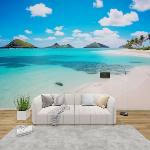 QEODAH Fototapete Meer Strand Schlafzimmer, 3D Tapete Tropische Hawaii, Vliestapete Blau Weiß, Tapeten Wohnzimmer Muster, Palmen Wand Deko Kinderzimmer, Wandtapete, Mustertapete Vlies 416x254 cm
