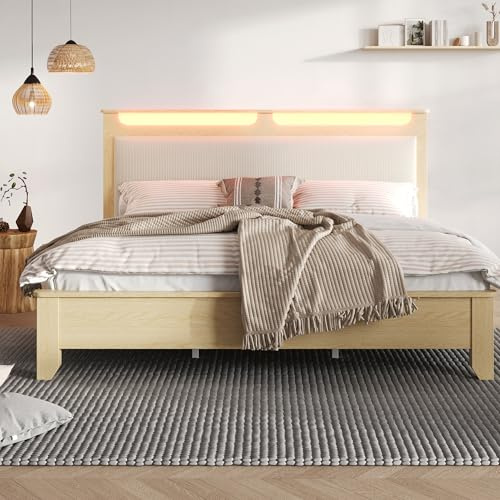 TIZZ Doppelbett Holzbett 140×200cm, Heller Eiche, Kopfteil mit Stauraum, LED-Beleuchtung und Beigefarbener Cordpolster-Rückenlehne, Bettrahmen mit Holzlatten (ohne Matratze & Bettbank)
