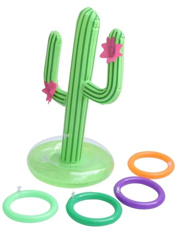 SHINEOFI Cactus Gonfiabile in Pvc Spesso Anelli da Lancio per Feste in Piscina e Spiaggia, Decorazione Galleggiante Resistente e Pieghevole, Set 1 Cactus + 4 Anelli per Giochi All’aperto