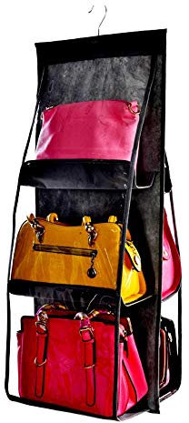 Womdee Handbag Organiser, 6 Pockets Handbag Storage Bag Large Clear Hanging Storage Organizer Closet Space Saving Organizers System for Living Room Bedroom Cupboard Over The Door Home Use(Black)