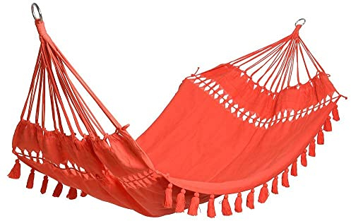 zeitzone Hängematte Fransen Tuchhängematte ohne Spreizstab Baumwolle Orange-Rot 200x100cm
