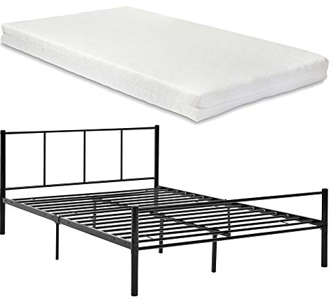 [en.casa] Metallbett mit Matratze Laos Stahlbett Gästebett Schlafzimmerbett Stahlramen mit Kaltschaummatratze 140x200 cm Schwarz
