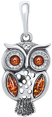 ANDANTE Premium Collection - Echter OSTSEE Bernstein Kettenanhänger in 925 Sterling Silber ** Eule ** Zertifiziert - Gold des MEERES - Farbe COGNAC