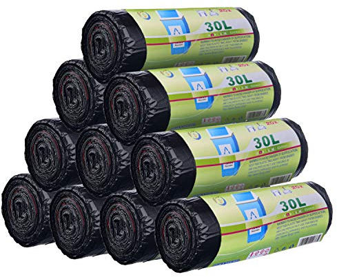 ASelected 30 L Rubbish Bin Bags 200 Pieces Drawstring Tall Kitchen Bin Liners Black Duty Tie Handle Garbage Trash Plastic Bags for Pedal Bin (62cm x 54cm)