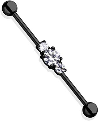 Paula & Fritz® Industrial Ohr-Piercing Stab 3 Zirkonia-Steine Chirurgenstahl 36mm Stab-länge 1.2 mm Stab-Dicke Schwarz Barbell Piercings