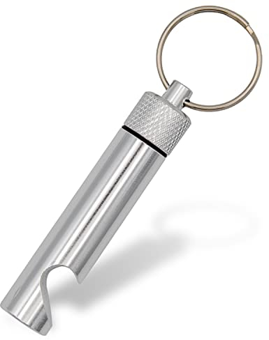 Aribari Schlüsselanhänger mit Flaschenöffner und Pillendose aus Aluminium. Wasserdichte Tablettenbox. Notfallkapsel. Länge 6,7 cm ø 1,3 cm. Silber