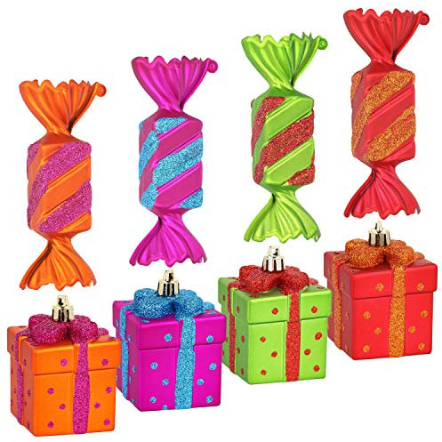 com-four® 8X Christbaumanhänger-Set Bonbons und Geschenke bruchfestem Kunststoff, Christbaumschmuck für die Weihnachtsbaum-Dekoration