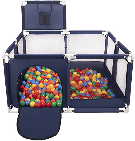Selonis Laufstall Mit Korb Und 100 Bälle Laufgitter Für Kinder, Blau:Grün/Gelb/Blau/Rot/Orange
