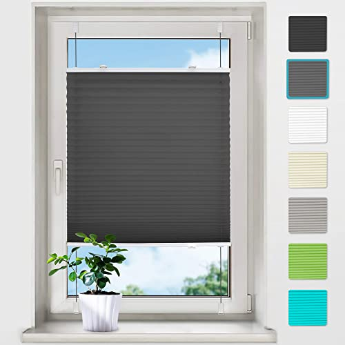bobodeco Plissee ohne Bohren Klemmfix Faltrollo Jalousie Anthrazit 115x110cm (BxH), neuste Version Plisseerollo Sichtschutz Sonnenschutz Blickdicht Easyfix lichtdurchlässig Rollo für Fenster & Tür