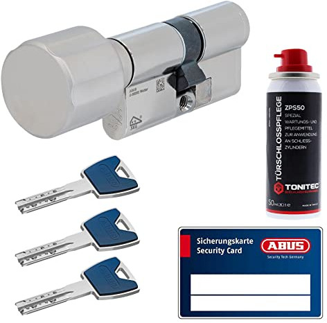 ToniTec Set aus ABUS Schließzylinder EC880 inkl. 3 Schlüssel modular verschiedenschließend Knaufzylinder 35/60K|Türzylinder Sicherheitsschloss mit Sicherungskarte und ToniTec Pflegespray
