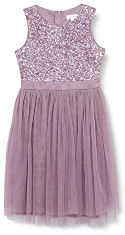 Maya Deluxe Vestido Midi para Niñas con Lentejuelas Adornadas para Fiesta, Tutú, Damas de Honor, Boda con Lazo para Cinturón, Lila Moody, 9-10 Años