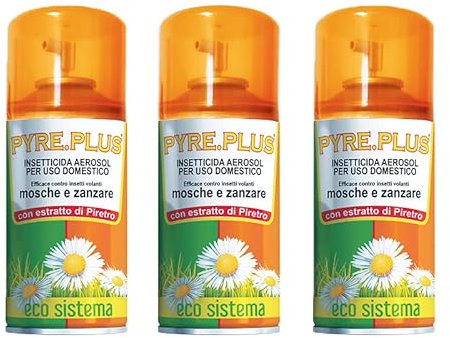 Virsus 3 Bombolette Insetticida PYRE PLUS da 250ml per Mosche zanzare e Insetti Volanti per Uso Domestico a Base di Piretro Naturale Vegetale